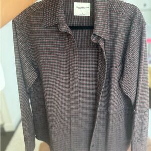 Abercrombie & Fitch Men's Red and Gray Plaid Shirt